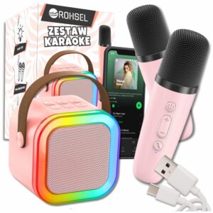ROHSEL Zestaw do karaoke dla dzieci i dorosłych 2 mikrofony + Głośnik bezprzewodowy Bluetooth - Różowy